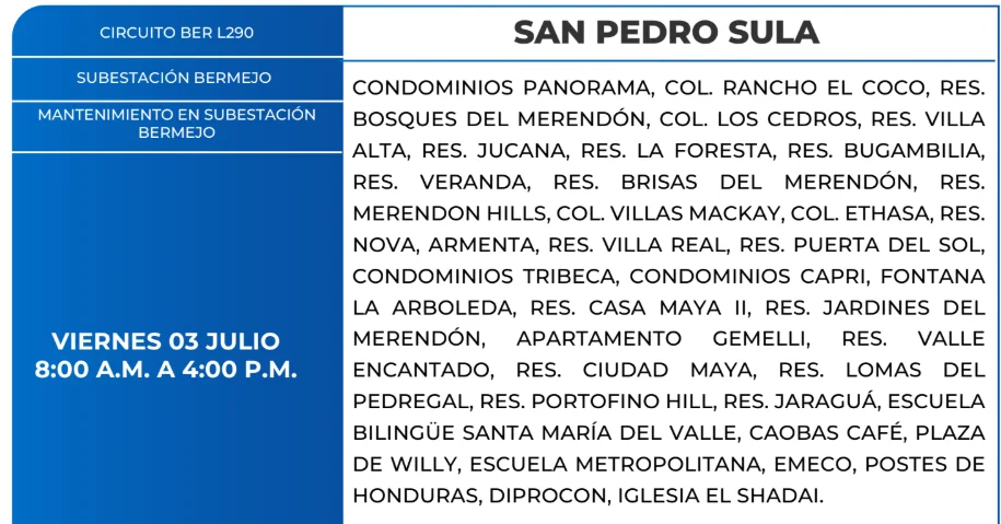 Foto de las Zonas de San Pedro Sula que estarán sin energía este viernes 3 de julio, según la ENEE.