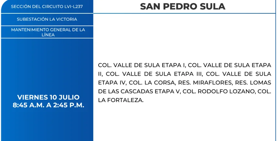 Foto de Zonas de San Pedro Sula que estarán sin energía este viernes 10 de julio, según ENEE