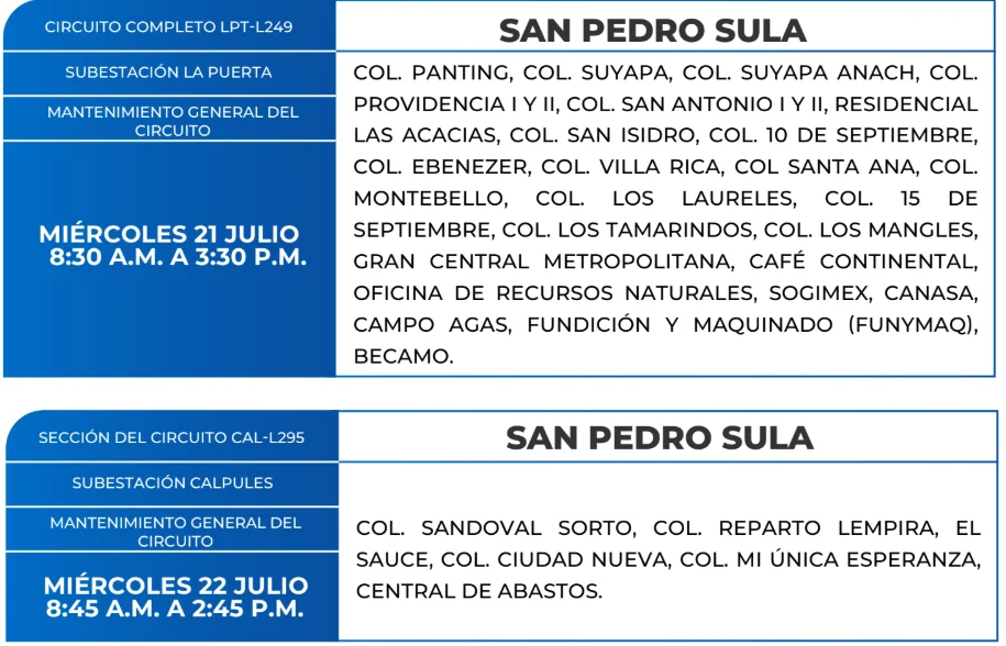 Foto de las Zonas de San Pedro Sula que estarán sin energía este miércoles 22 de julio, según la ENEE.