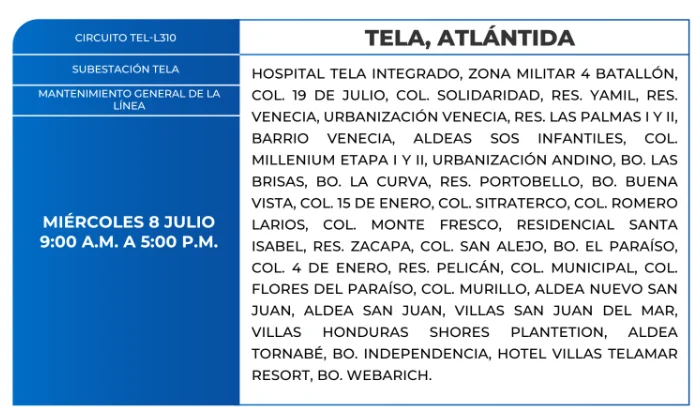 Foto de las Zonas de Tela, Atlántida que estarán sin energía este miércoles 8 de julio, según la ENEE.
