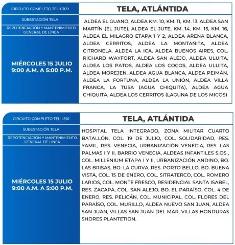 Foto de las Zonas sin energía en Tela, Atlántida este miércoles 15 de julio, según la ENEE.