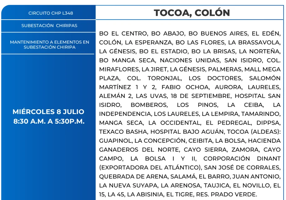Foto de las Zonas de Tocoa, Colón que estarán sin energía este miércoles 8 de julio, según la ENEE.