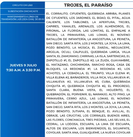 Foto de las Zonas de Trojes, El Paraíso estarán sin energía eléctrica este jueves 9 de julio, según la ENEE.
