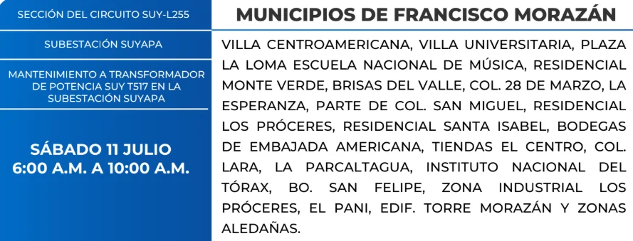 Foto de las Zonas de Francisco Morazán que estarán sin energía este sábado 11 de julio, según la ENEE.