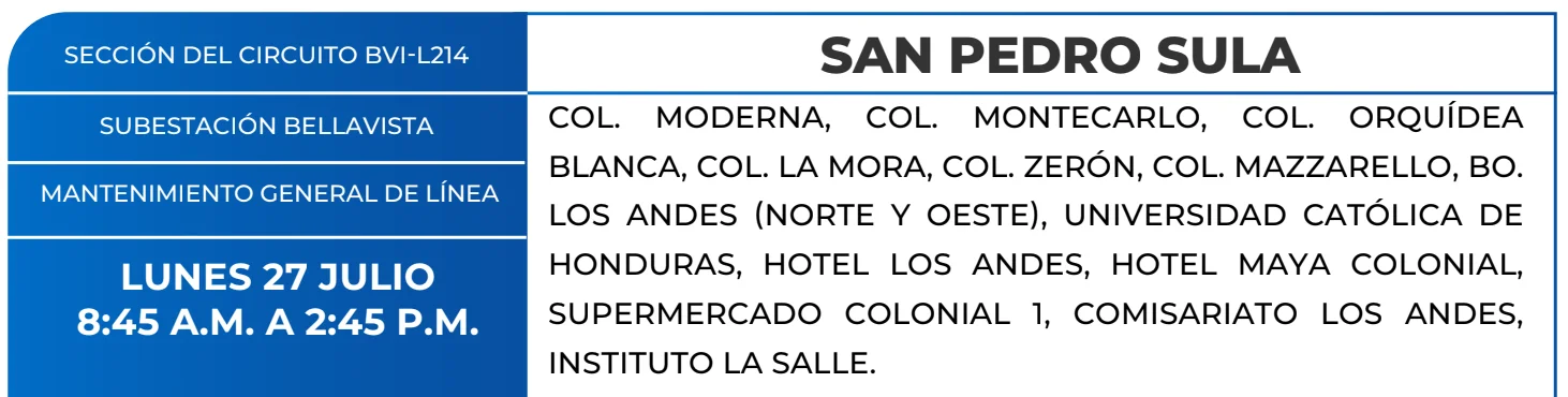 Foto de las Zonas de San Pedro Sula que estarán sin energía este lunes 27 de julio, según la ENEE.
