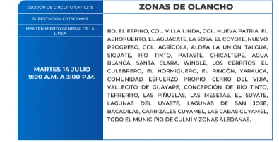 Zonas con interrupción del fluido eléctrico en Olancho.