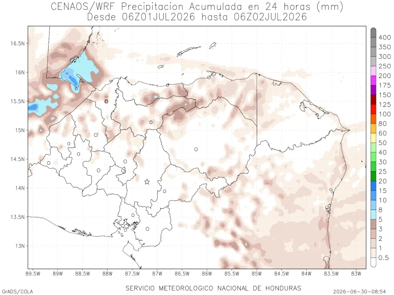 Mapa de lluvias previstas para este jueves en Honduras.