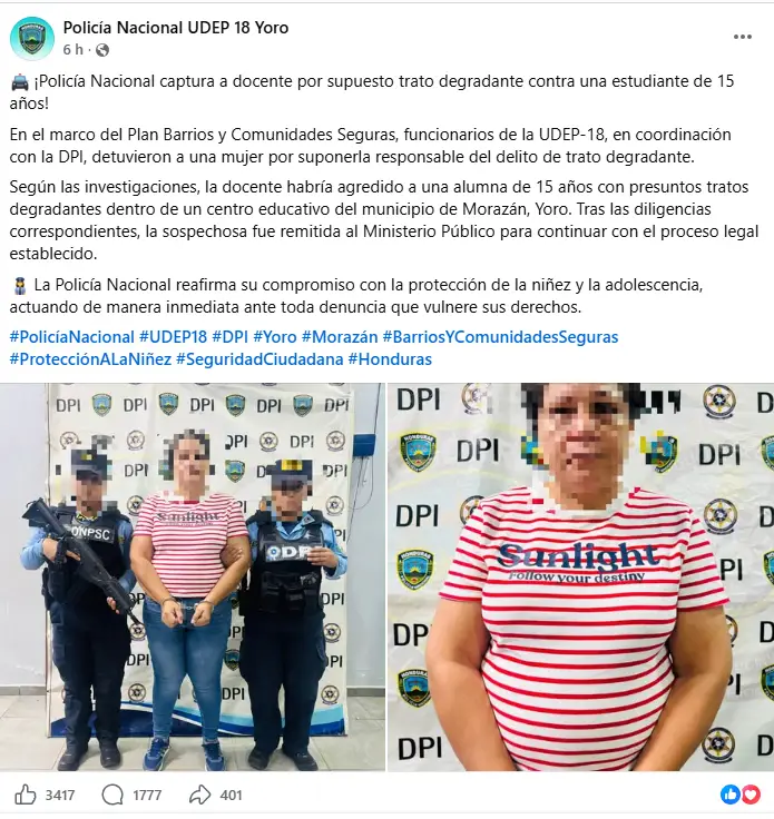 Policía detiene a maestra en Morazán