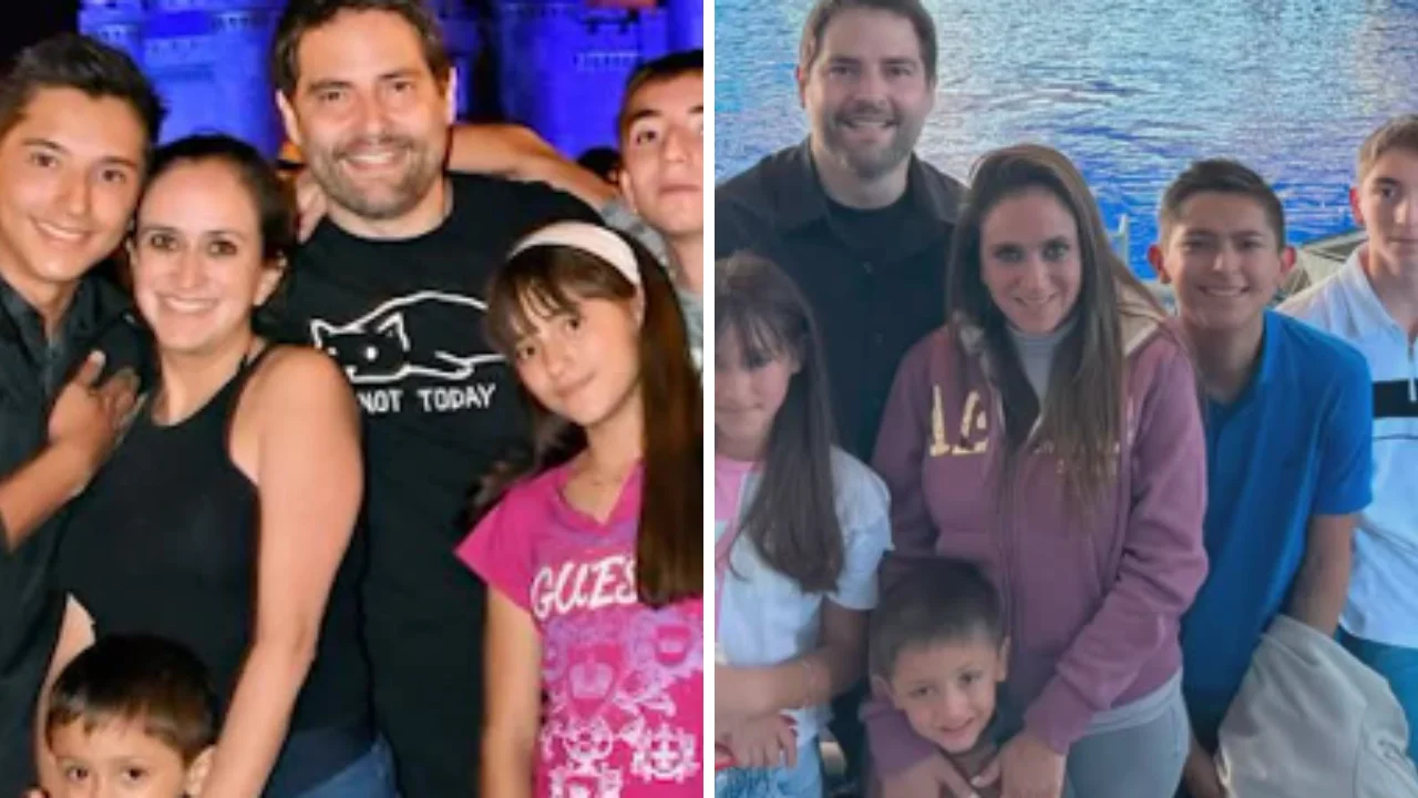Collage de fotos de Memo Schutz junto a su esposa e hijos