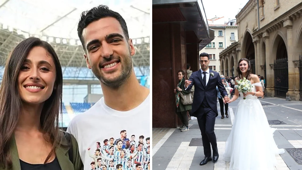 Collage de fotos de Mikel Merino y su esposa, Lola Liberal