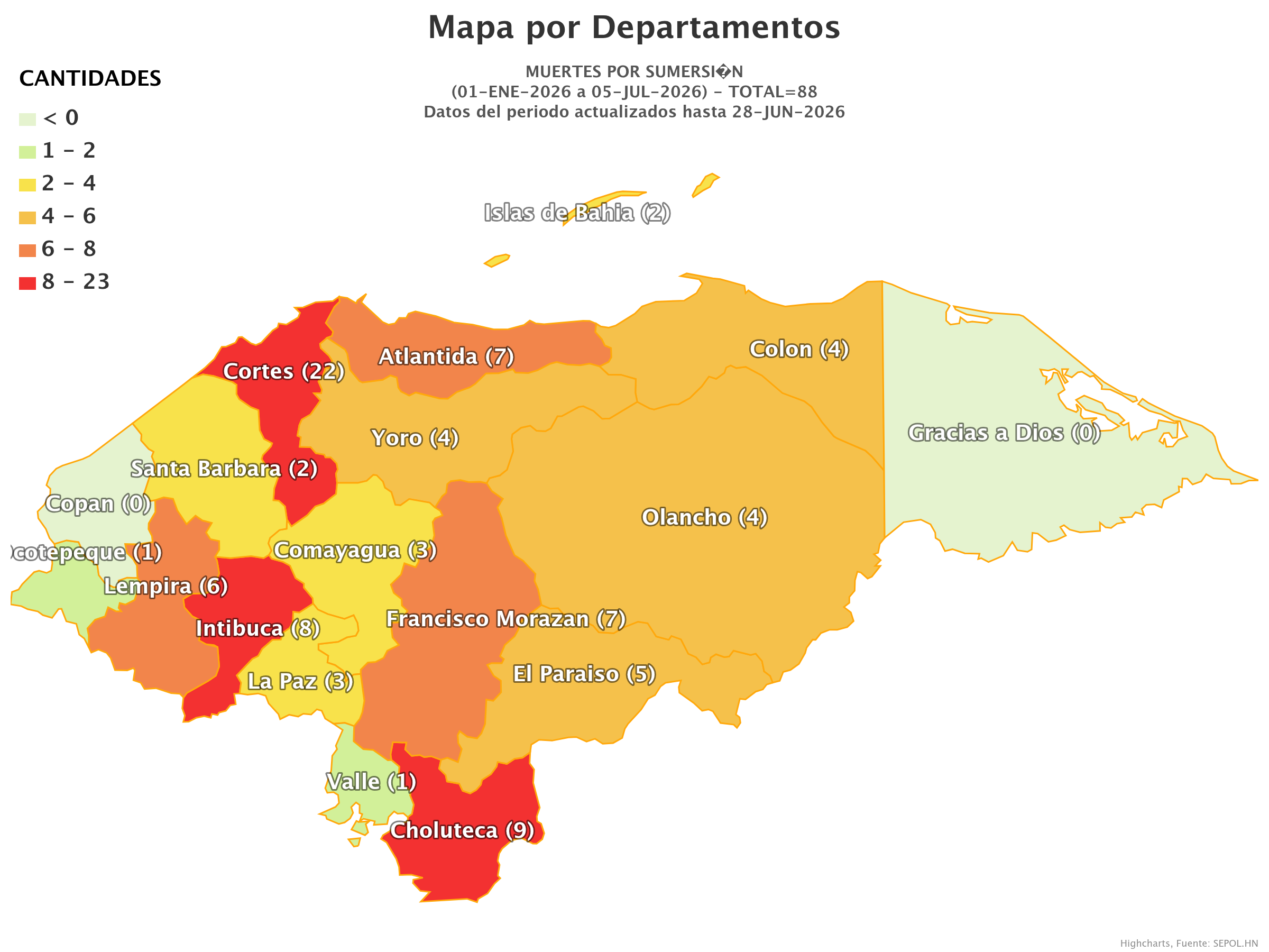 Mapa de muertes por sumersión en Honduras