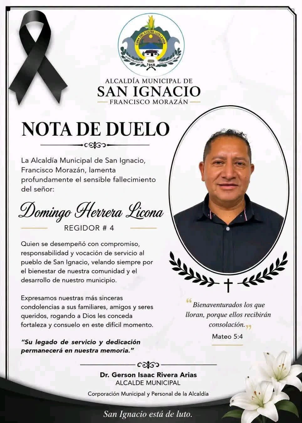Nota de duelo de la municipalidad de San Ignacio.