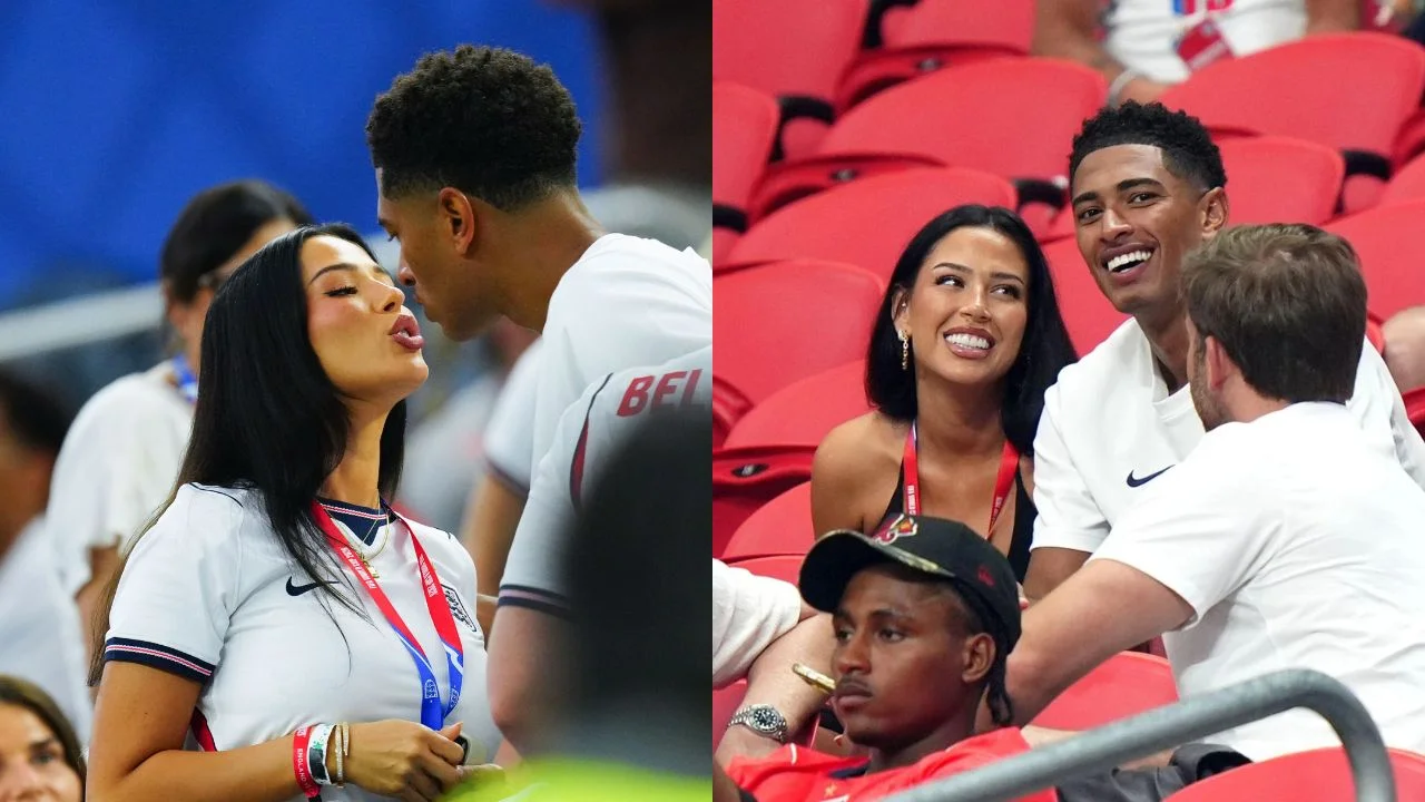 Jude Bellingham y su pareja, Ashlyn Castro, en las gradas de un estadio de fútbol.
