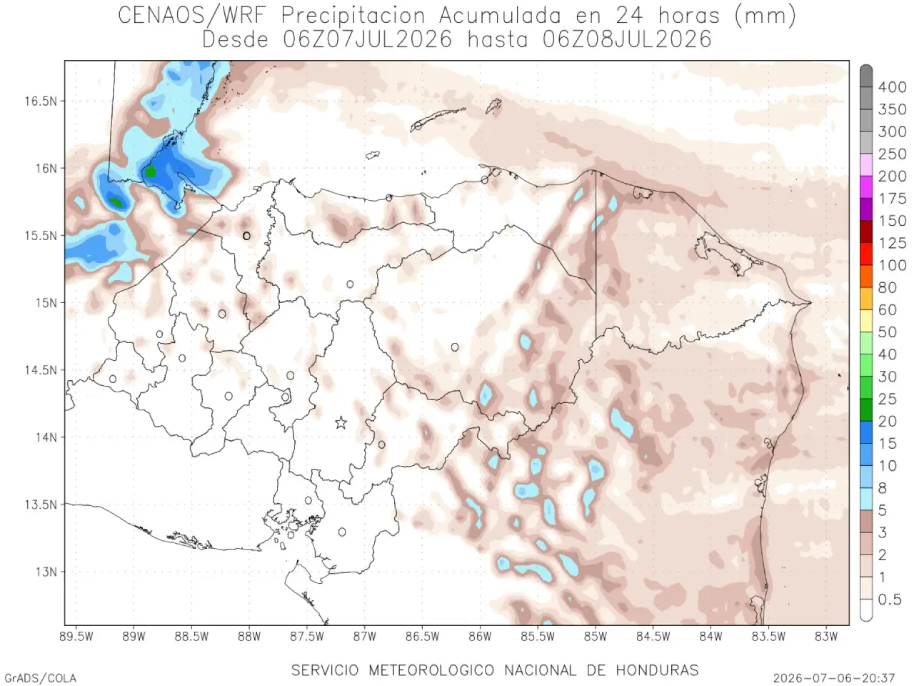 Mapa de pronóstico de lluvias en Honduras