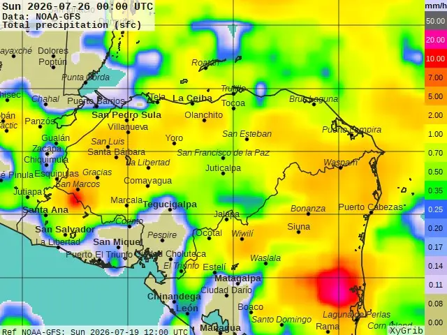 Mapa de lluvias por onda tropical el sábado 25 de julio