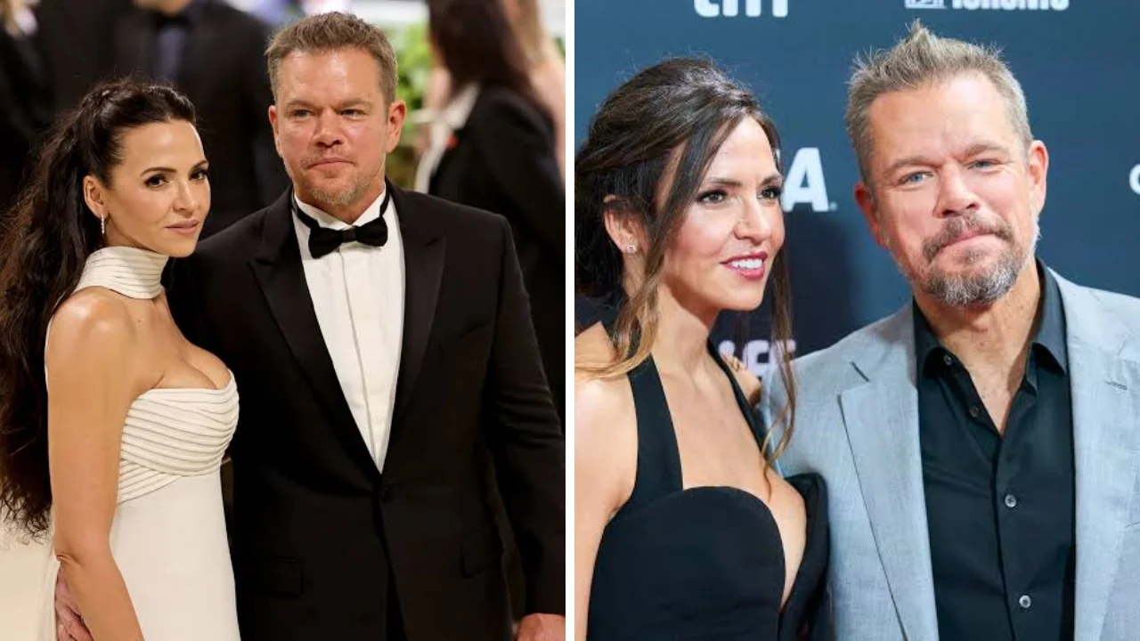 Collage de fotos de Matt Damon y Luciana Barroso