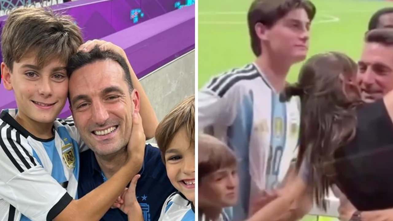 Collage de fotos de Ian y Noah Scaloni, los hijos de Scaloni