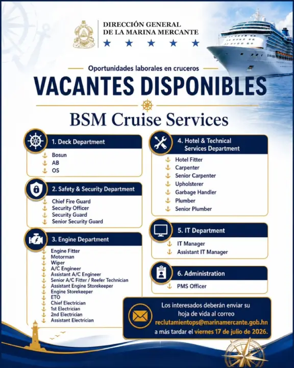 Vacantes en cruceros para hondureños