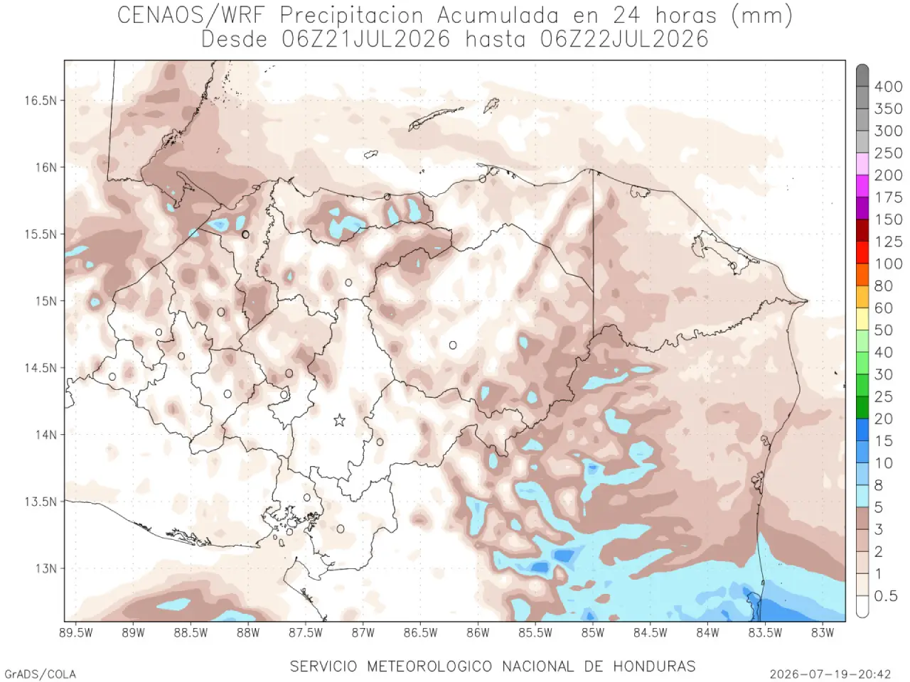 Mapa de lluvias en Honduras