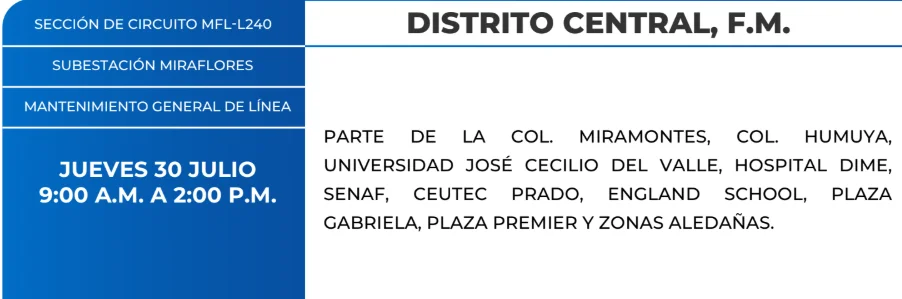 Foto de las Zonas de el Distrito Central que estarán sin energía este jueves 30 de julio, según la ENEE.