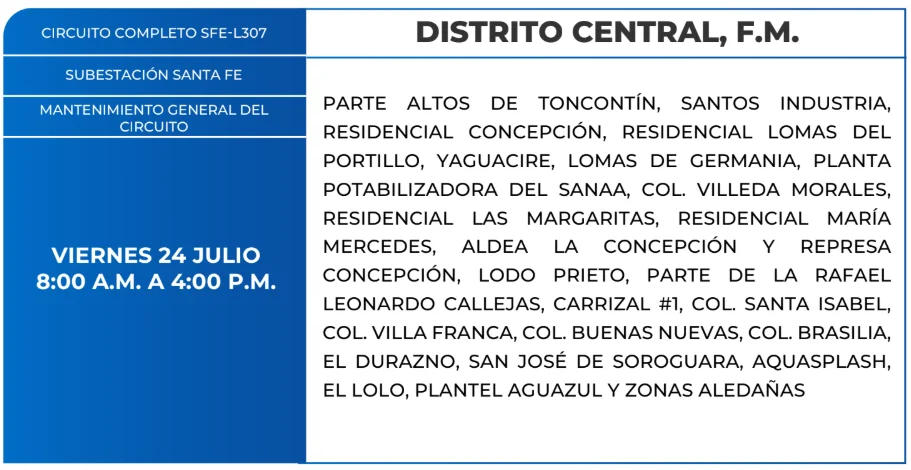 Foto de las Zonas de el Distrito Central que estarán sin energía este viernes 23 de julio, según la ENEE.