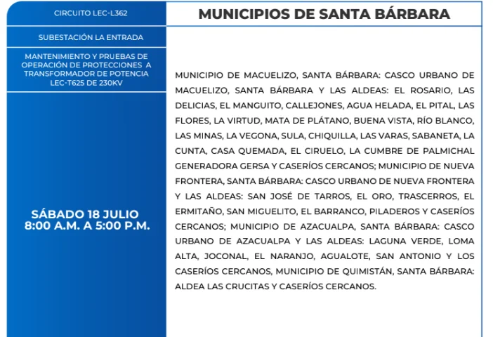 Foto de las Zonas sin energía en Santa Bárbara este sábado 18 de julio, según la ENEE.