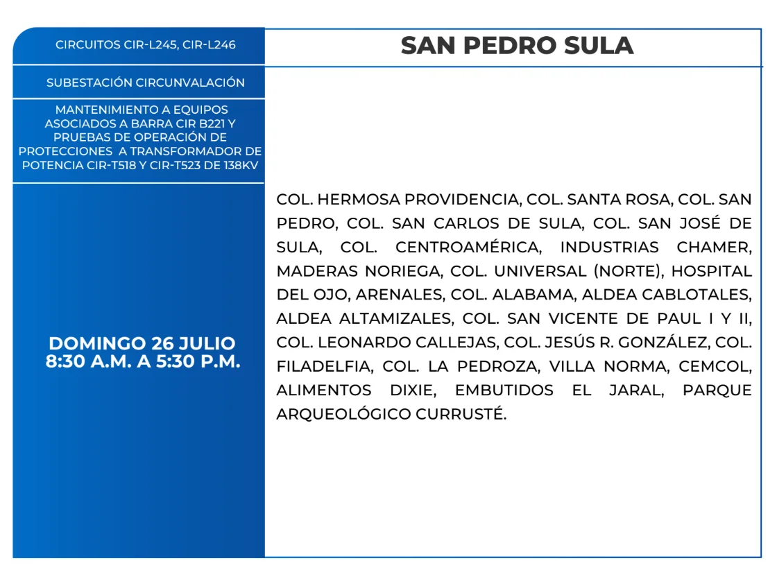 Foto de las Zonas que estarán sin energía este domingo 26 de julio en San Pedro Sula, según la ENEE.