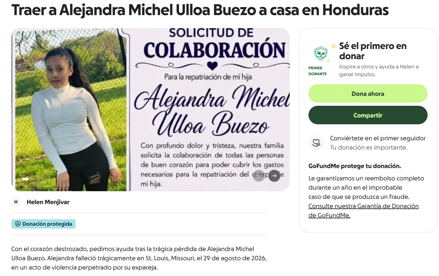GoFundMe de Alejandra Michel Ulloa