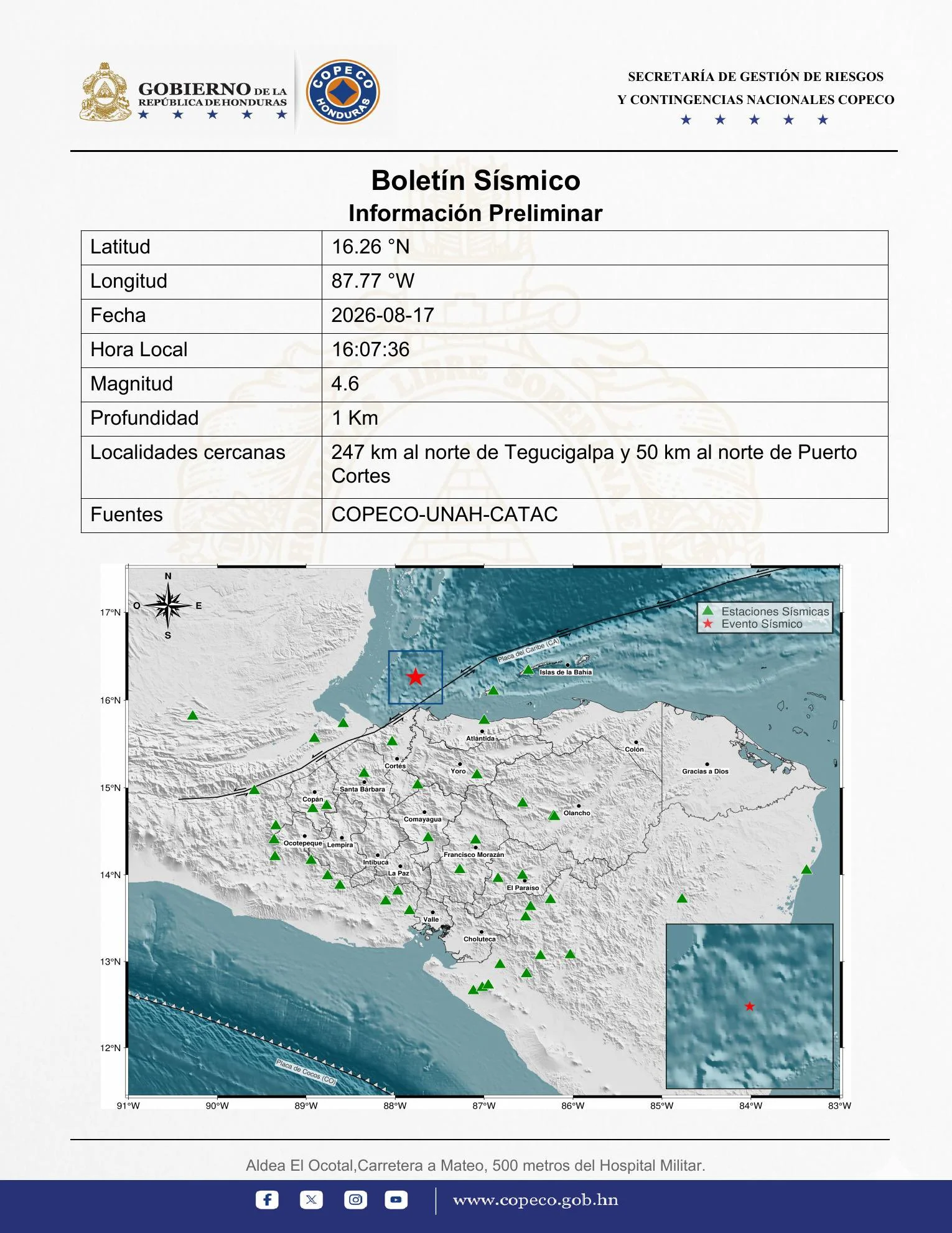 Boletín emitido por Copeco.