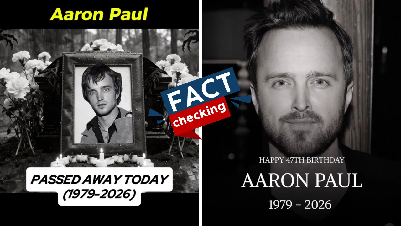 Collage de fotos depublicaciones de rumores falsos de Aaron Paul