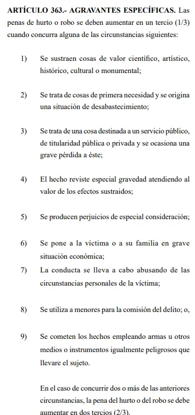 Código Penal sobre las agravantes por el delito de robo y hurto