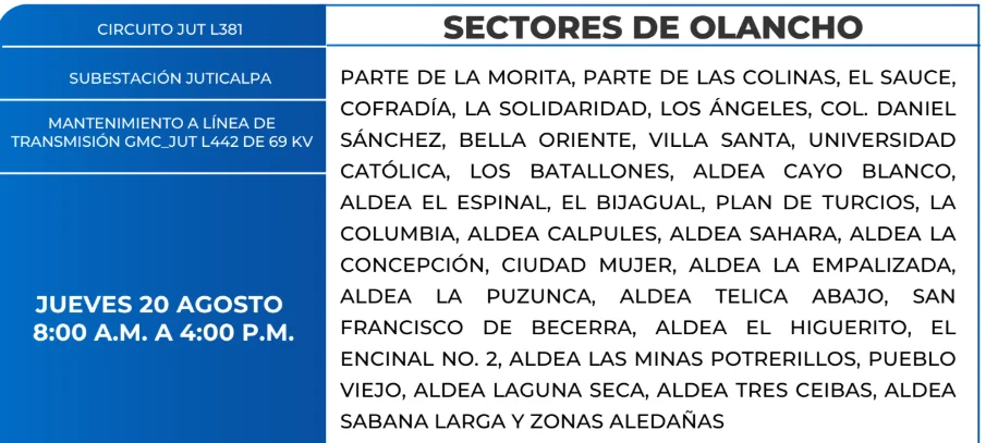 Foto de las Zonas de Olancho que estarán sin energía eléctrica este jueves 20 de agosto, según la ENEE.