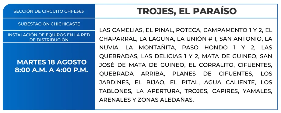 Foto de las Zonas de Trojes, El Paraíso que estarán sin energía eléctrica este martes 18 de agosto, según la ENEE.