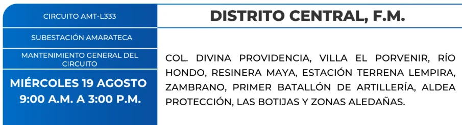 Foto de las Zonas de el Distrito Central que estarán sin energía este miércoles 19 de agosto, según la ENEE.