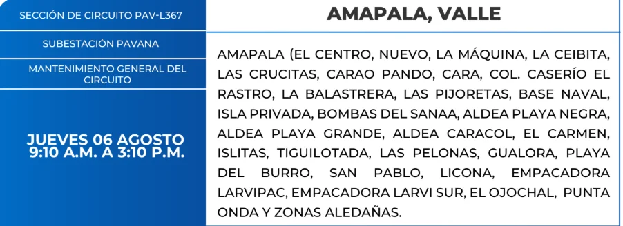 Foto de las Zonas de Amapala, Valle que estarán sin energía este jueves 6 de agosto, según la ENEE.