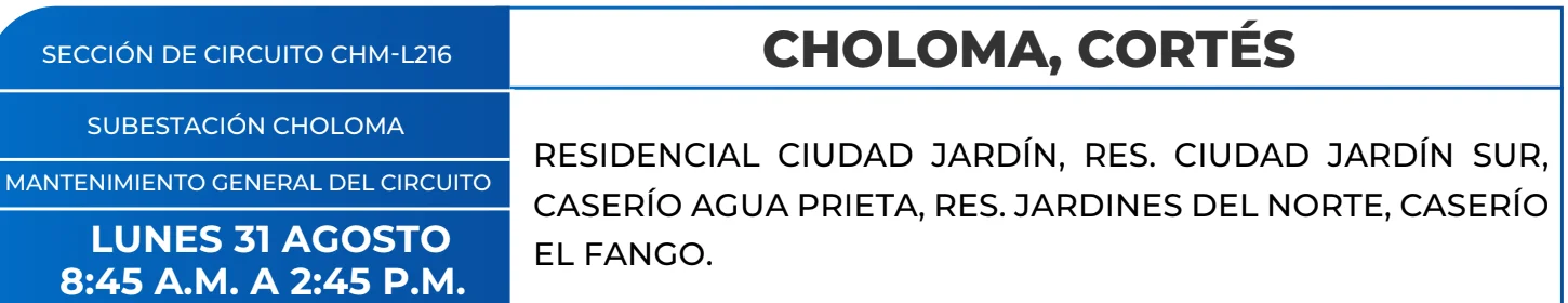 Foto de las Zonas de Choloma, Cortés que estarán sin energía este lunes 31 de agosto, según la ENEE.