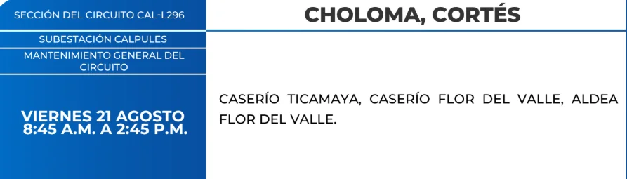 Foto de las Zonas de Choloma, Cortés que estarán sin energía este viernes 21 de agosto, según la ENEE.