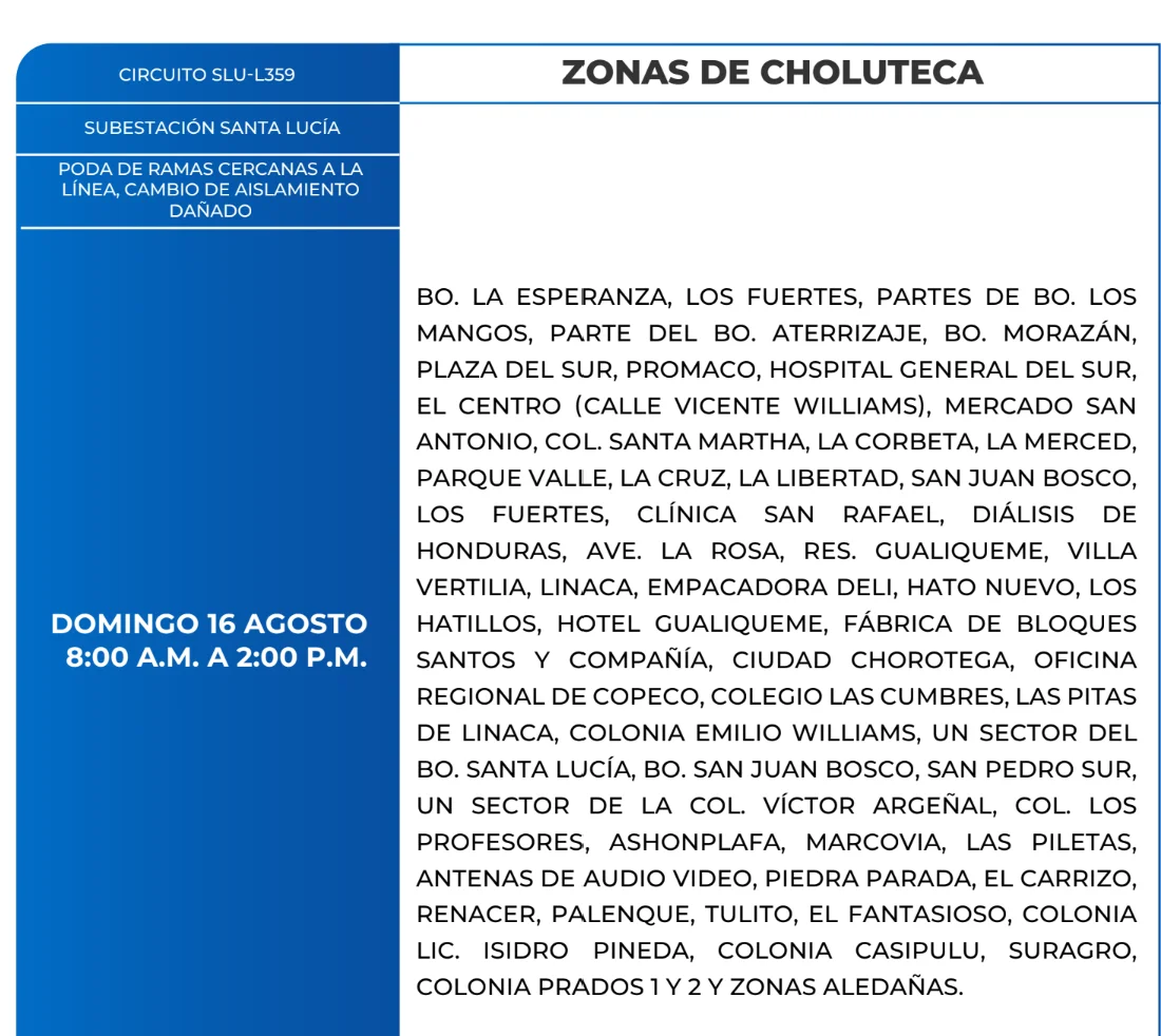 Foto de las Zonas de Choluteca que estarán sin energía este domingo 16 de agosto, según la ENEE.