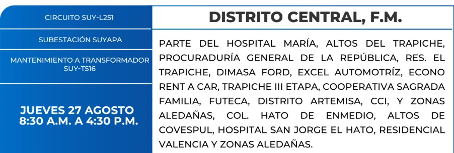 Foto de las Zonas de el Distrito Central que estarán sin energía este jueves 27 de agosto, según la ENEE.