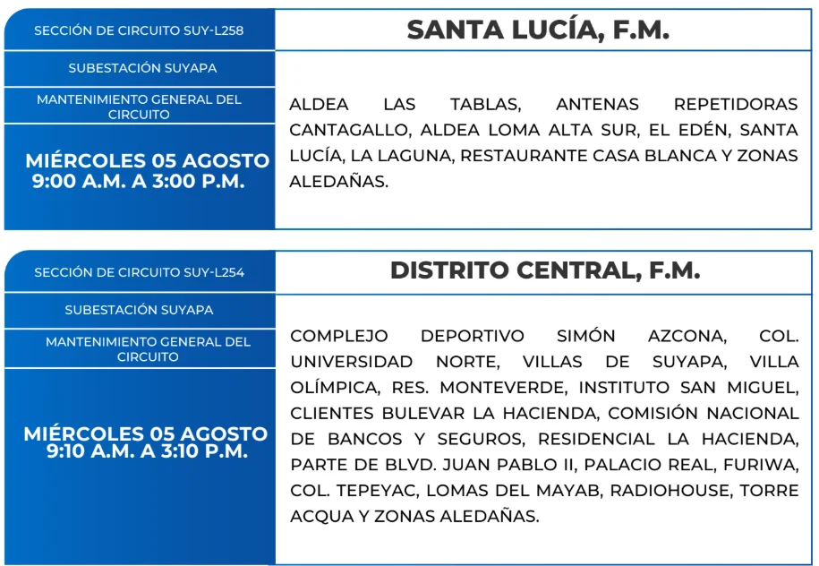 Foto de las Zonas sin energía en Santa Lucía y Distrito Central este miércoles 5 de agosto, según la ENEE.