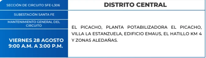 Foto de las Zonas de el Distrito Central que estarán sin energía este viernes 28 de agosto, según la ENEE.
