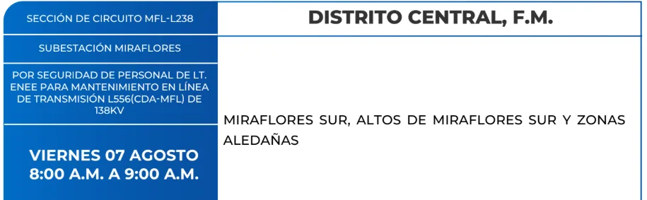 Foto de las Zonas de el Distrito Central que estarán sin energía este viernes 7 de agosto, según la ENEE.