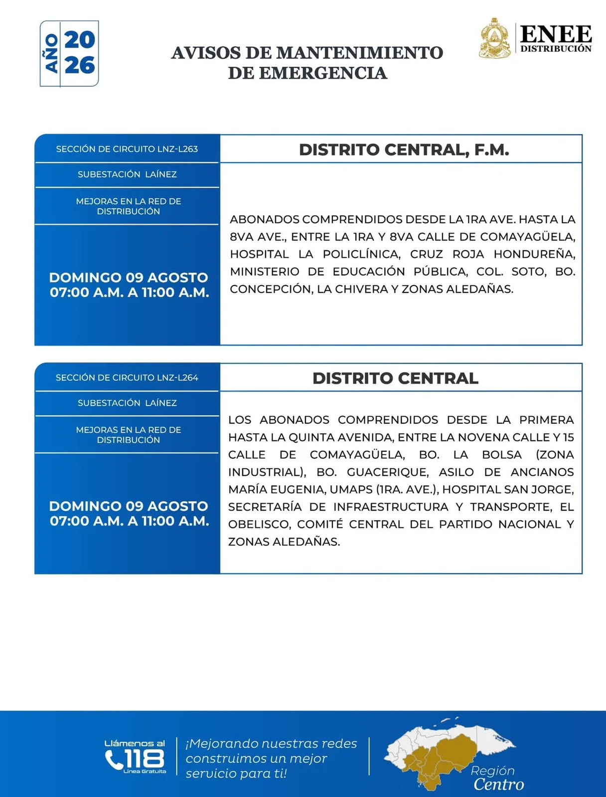 Foto de Zonas de el Distrito Central que estarán sin energía este domingo 9 de agosto, según la ENEE.