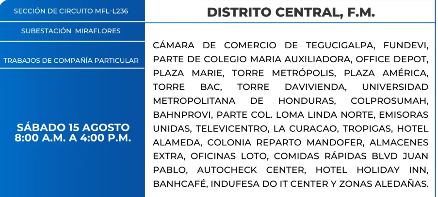 Foto de las Zonas de el Distrito Central que estarán sin energía este sábado 15 de agosto, según la ENEE.