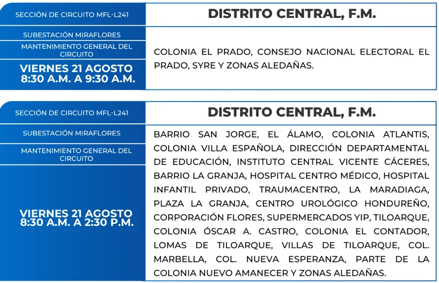 Foto de las Zonas de el Distrito Central que estarán sin energía este viernes 21 de agosto, según la ENEE.