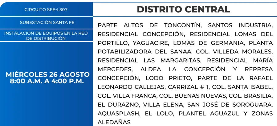 Foto de las Zonas de el Distrito Central que estarán sin energía este miércoles 26 de agosto, según la ENEE.