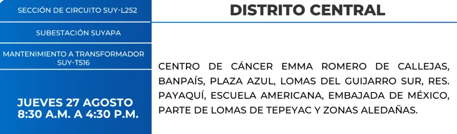 Foto de las Zonas de el Distrito Central que estarán sin energía este jueves 27 de agosto, según la ENEE.