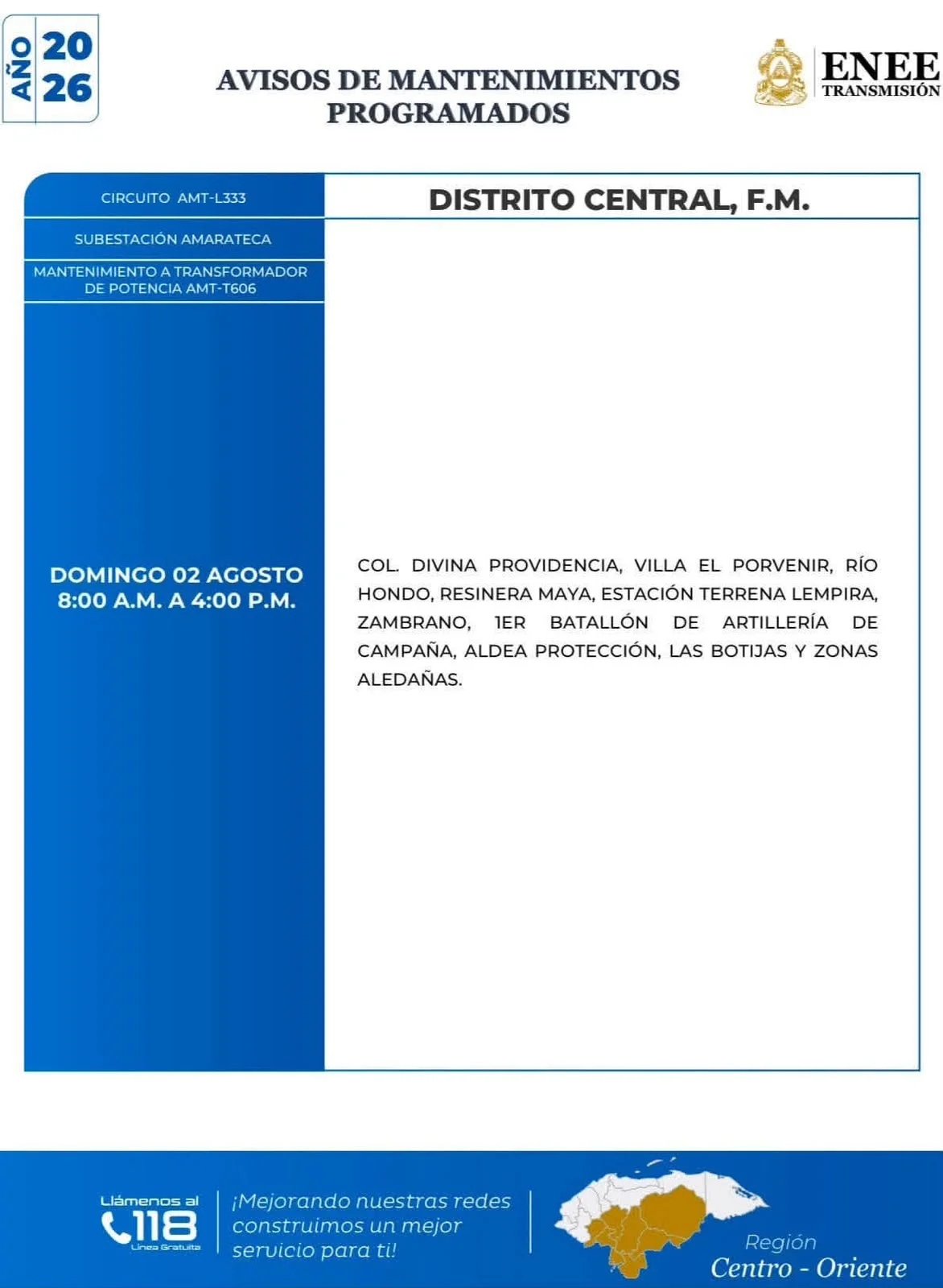 Foto de las Zonas de el Distrito Central que estarán sin energía este domingo 2 de agosto, según la ENEE.