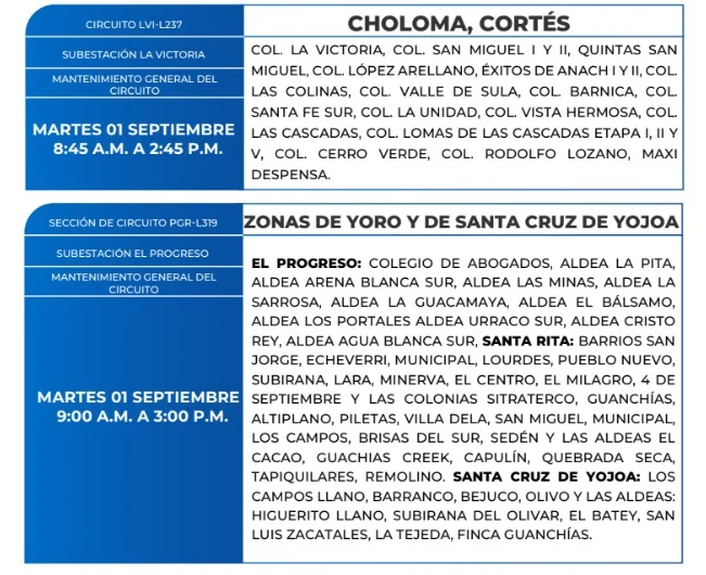 Cortes de energía eléctrica para este martes 1 de septiembre