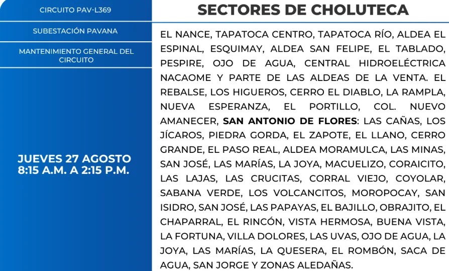 Foto de las Zonas Choluteca de que estarán sin energía este jueves 27 de agosto, según la ENEE.